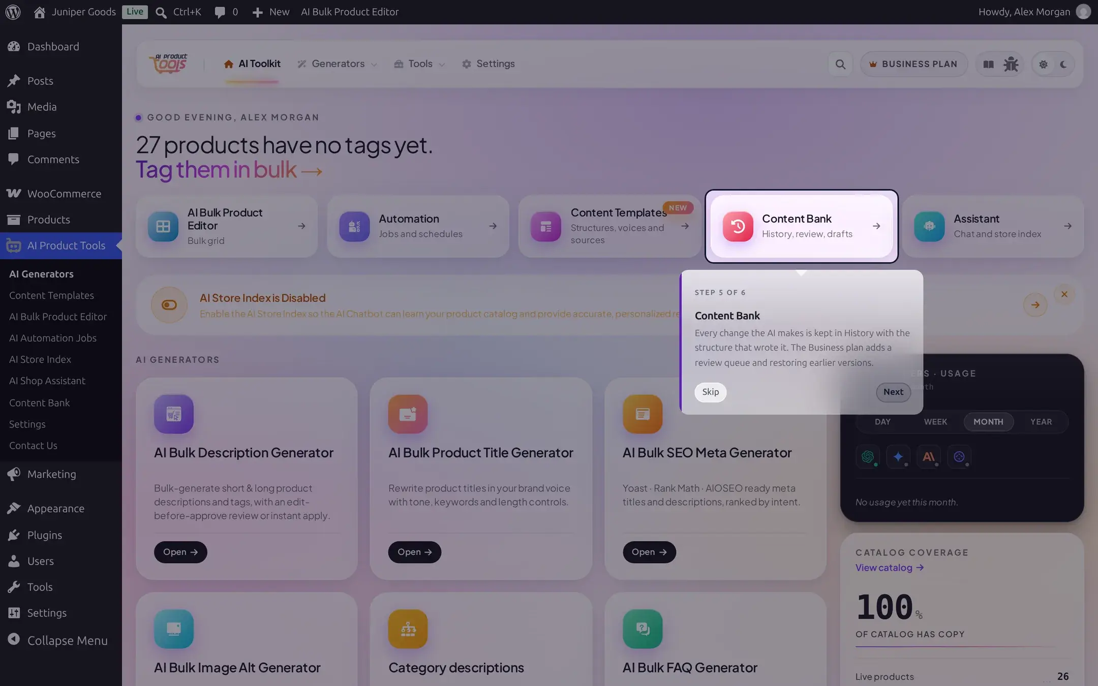 Guided tour step 5 of 6 spotlighting the Content Bank card on the AI Generators page