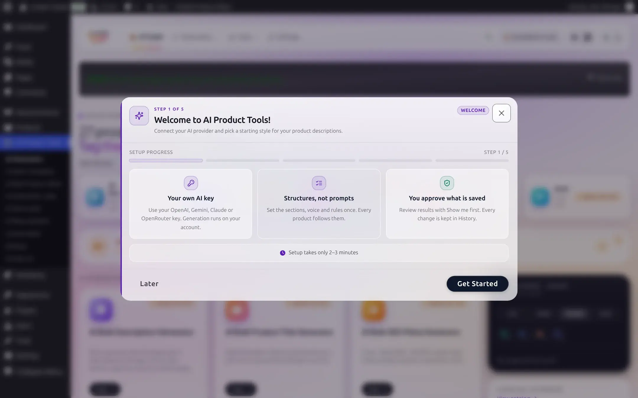 The Welcome to AI Product Tools step of the setup wizard, showing three feature cards and a Get Started button
