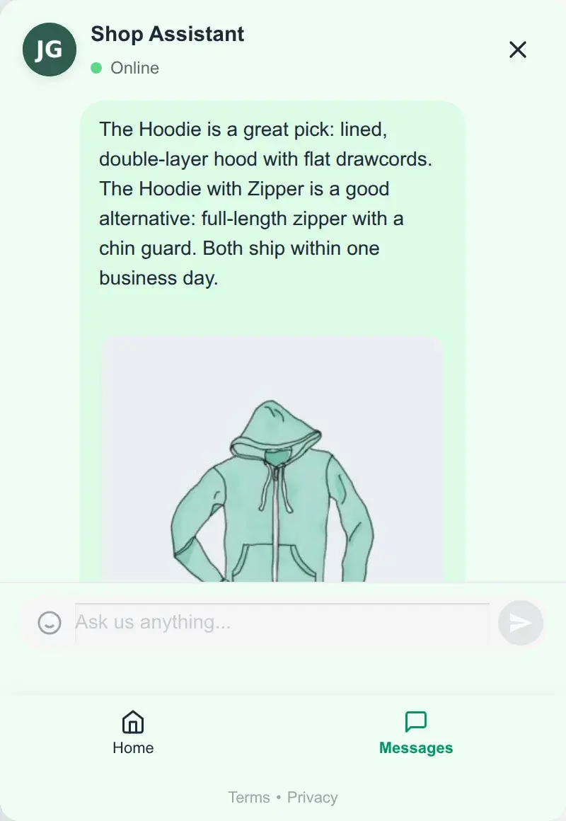 The AI Shop Assistant on the storefront recommending products