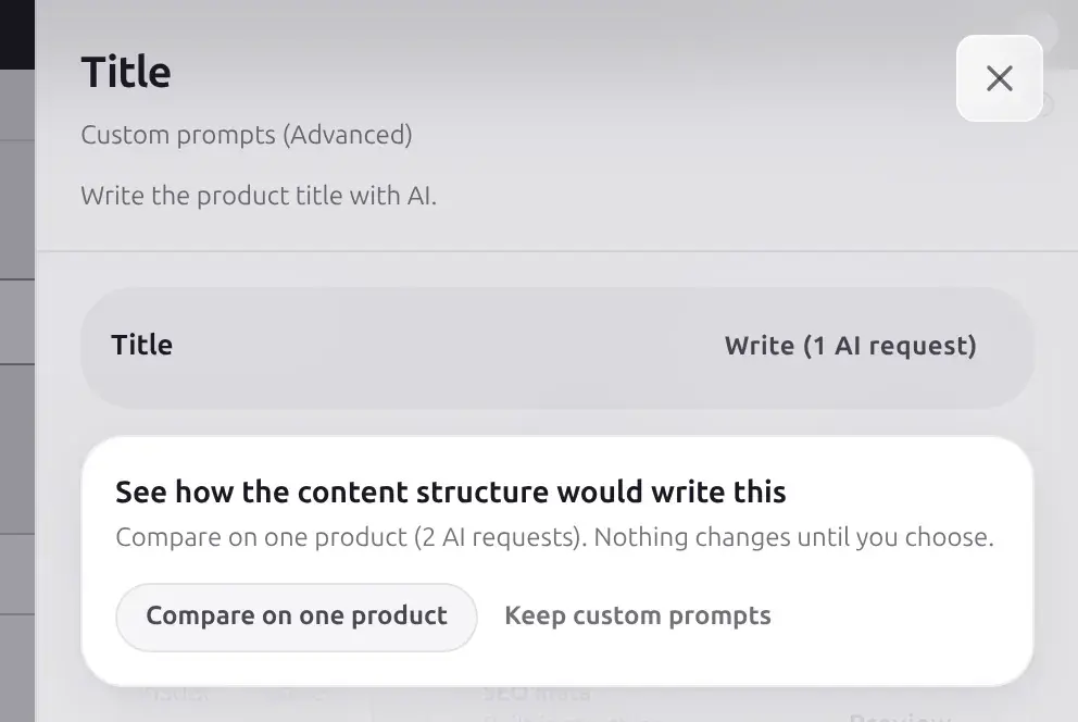 Title drawer in Advanced mode showing the per-field Write button and an offer to compare against the content structure