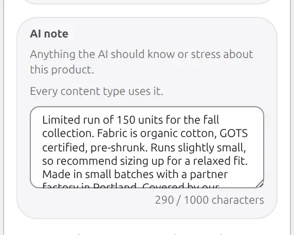 AI note field on the Business plan with its caption explaining every content type uses it