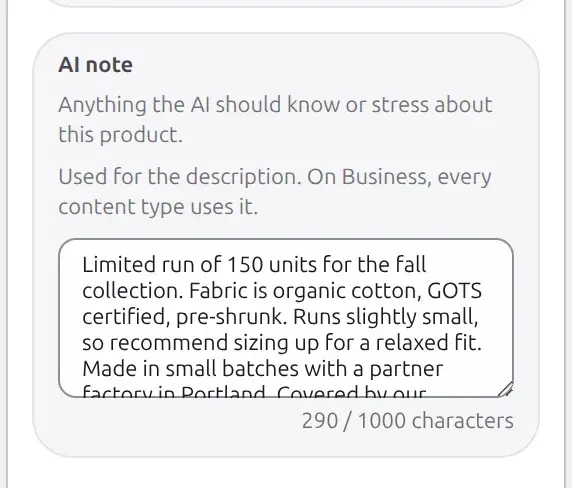 AI note field on the Free plan with its caption explaining the note is used for the description only