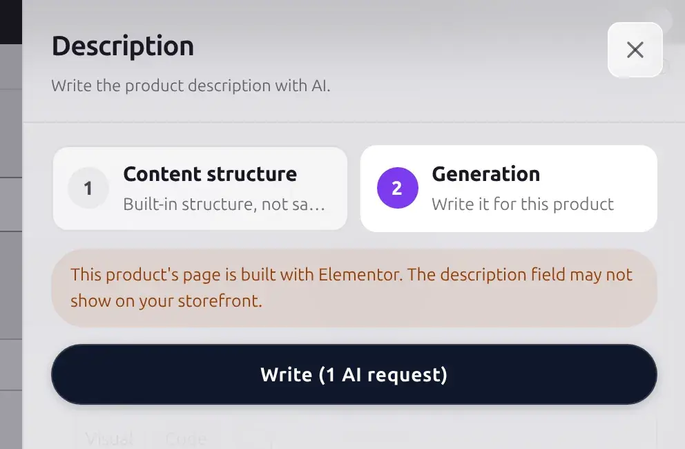 Description drawer showing a warning that the product's page is built with Elementor and the description field may not show on the storefront