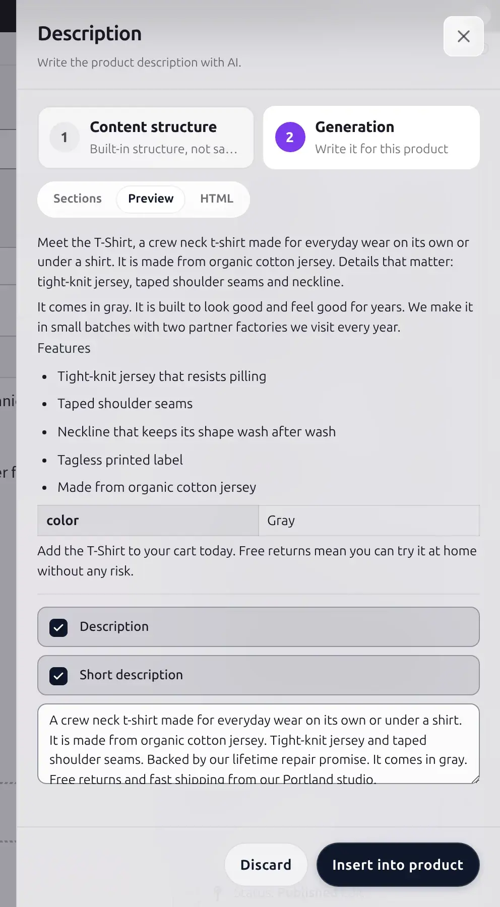 Description drawer Preview tab showing the rendered HTML description above the Outputs checklist