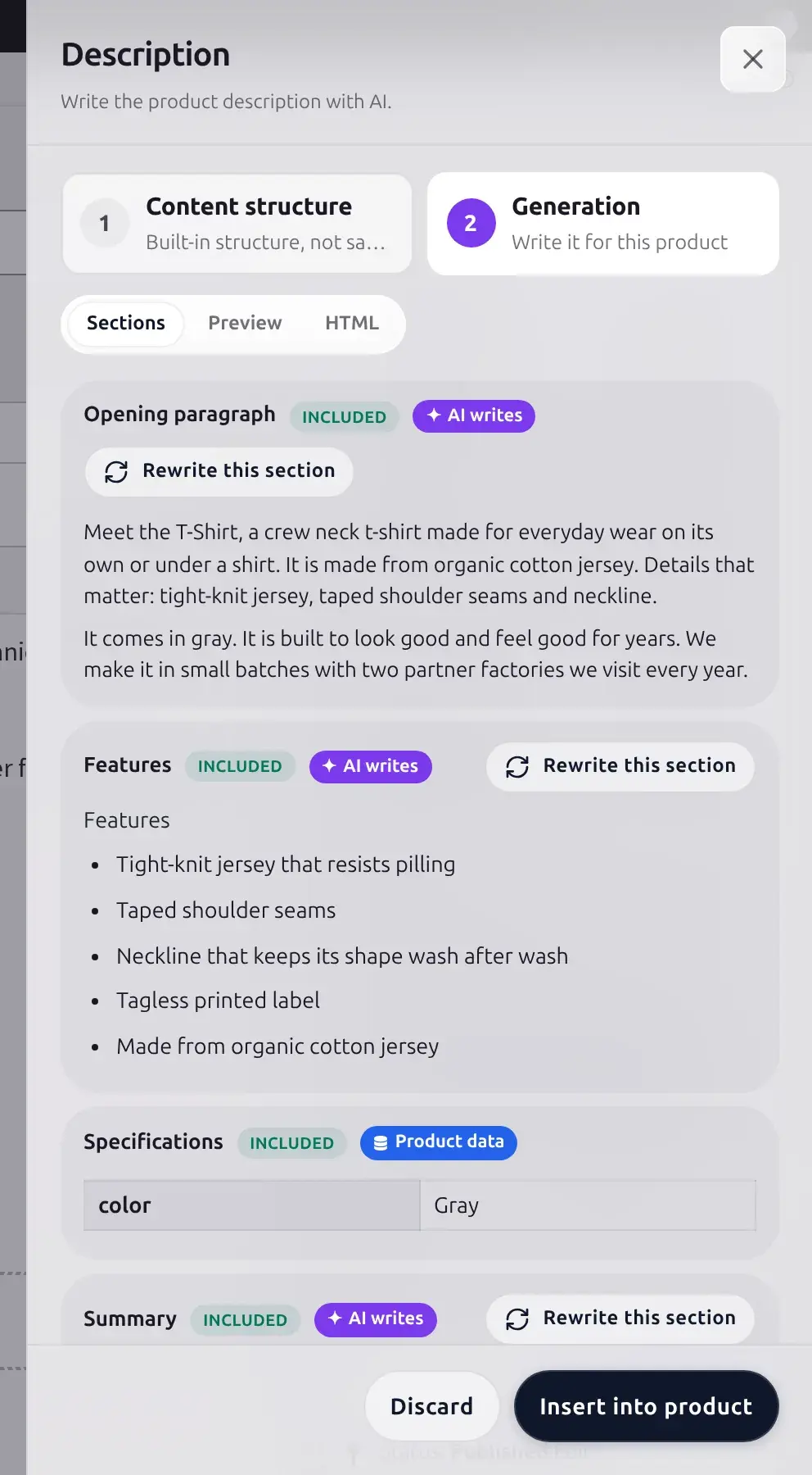 Description drawer Sections tab with per-section Rewrite buttons, a specifications table, and the Outputs checklist