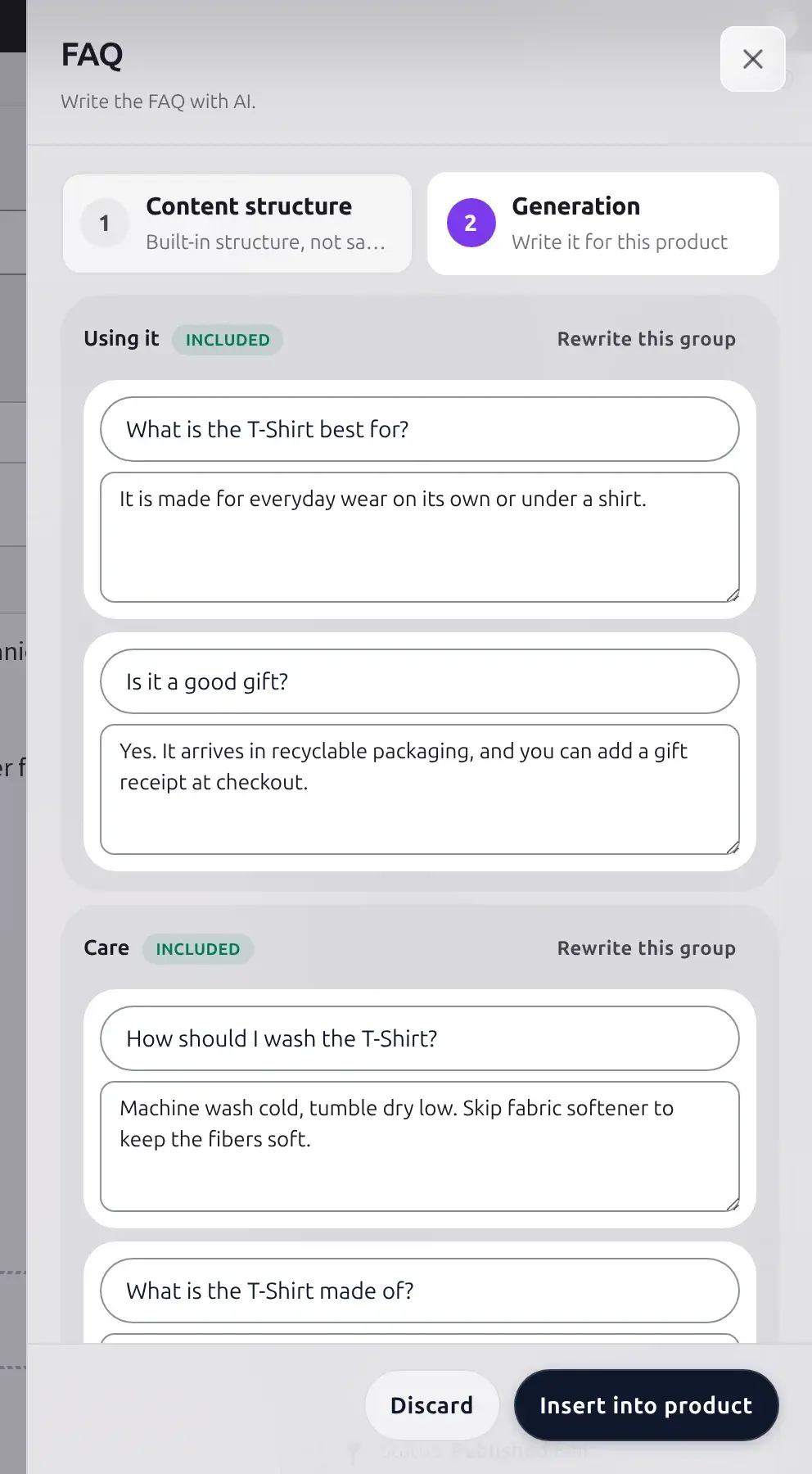 FAQ drawer with two question groups, each editable and with its own Rewrite this group button