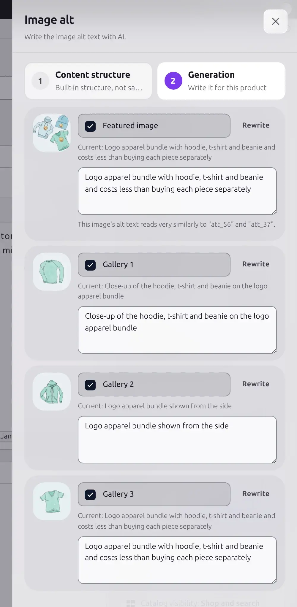 Image alt drawer with one row per product image, each with a checkbox, a Rewrite button, and an editable alt text field