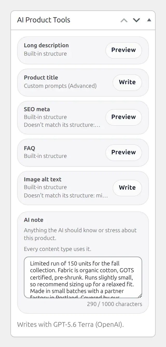 AI Product Tools panel on the product edit screen with five content rows, the AI note field, and the model footer