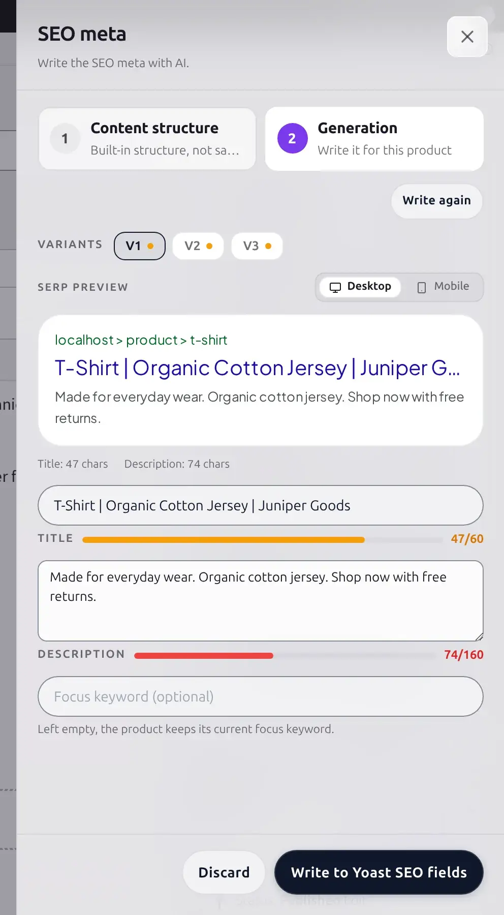 SEO meta drawer with three alternative variants, a desktop SERP preview, title and description character bars, and the Write to Yoast SEO fields button