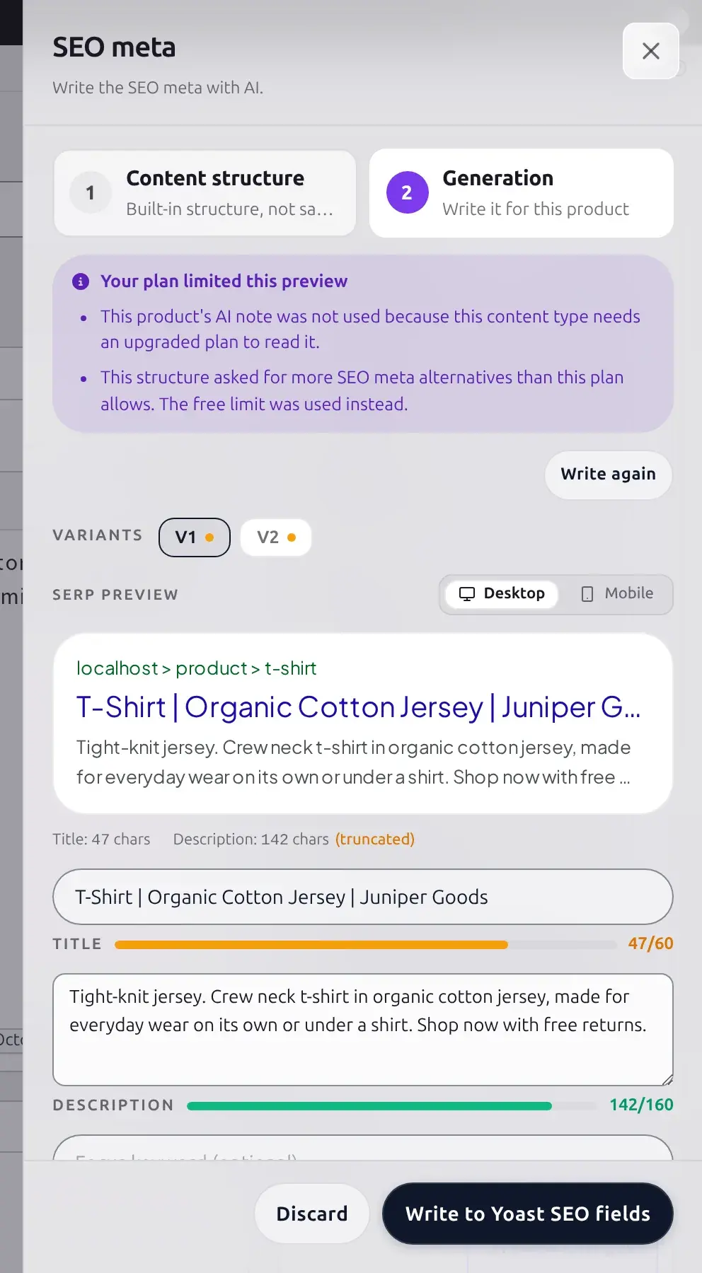 SEO meta drawer on the Free plan showing the Your plan limited this preview notice with two bullet reasons