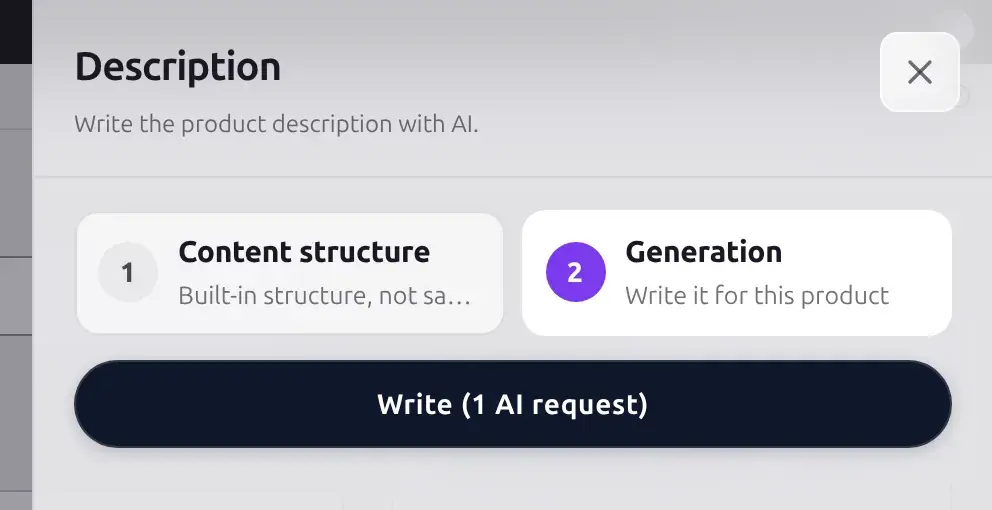 Description drawer freshly opened, showing the Content structure and Generation tabs and the idle Write button