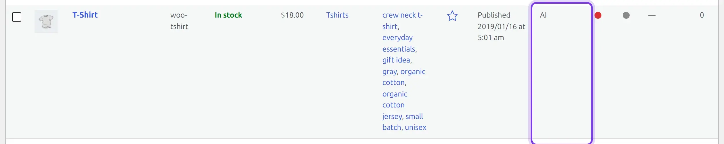 WooCommerce product list row with a purple-outlined AI badge in a narrow AI column