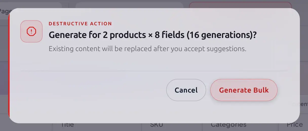 Confirmation dialog reading Generate for 2 products times 8 fields, 16 generations, with Cancel and Generate Bulk buttons