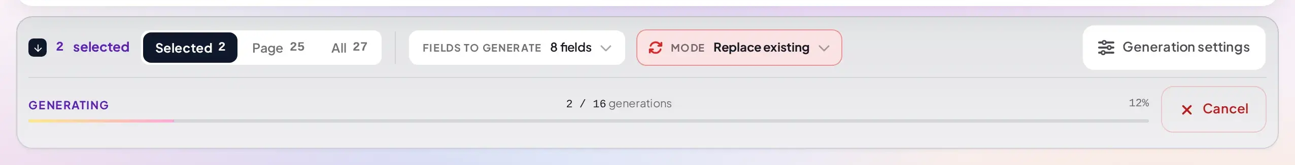 Generating progress row showing 2 of 16 generations complete, 12 percent, with a Cancel button