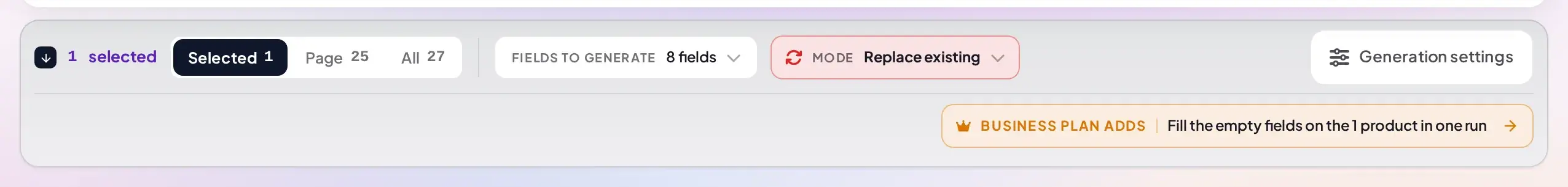 Free plan AI bulk actions band with a Business plan adds strip in place of the Generate Bulk button
