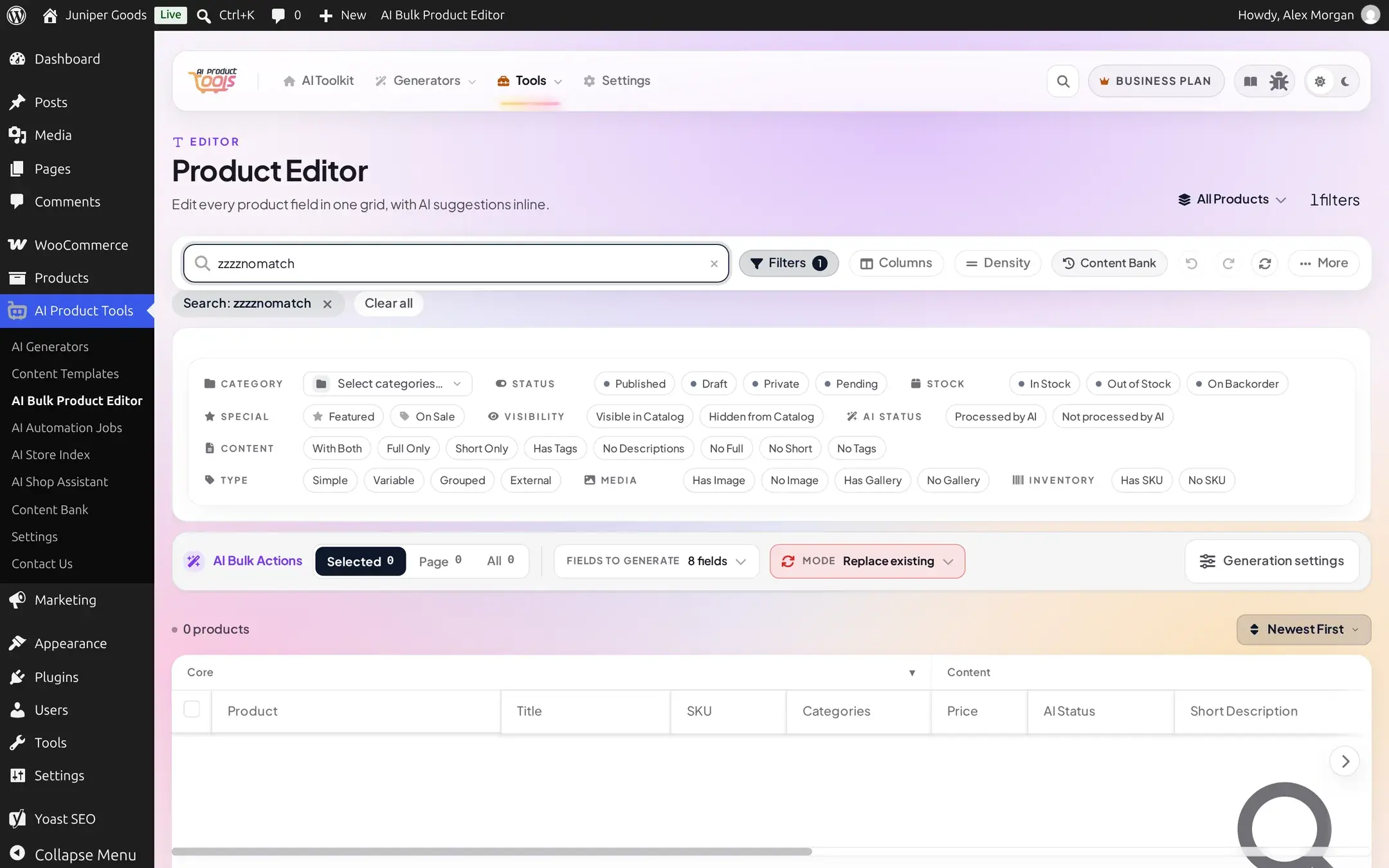 Grid showing 0 products after a search that matches nothing, with the filter panel still open