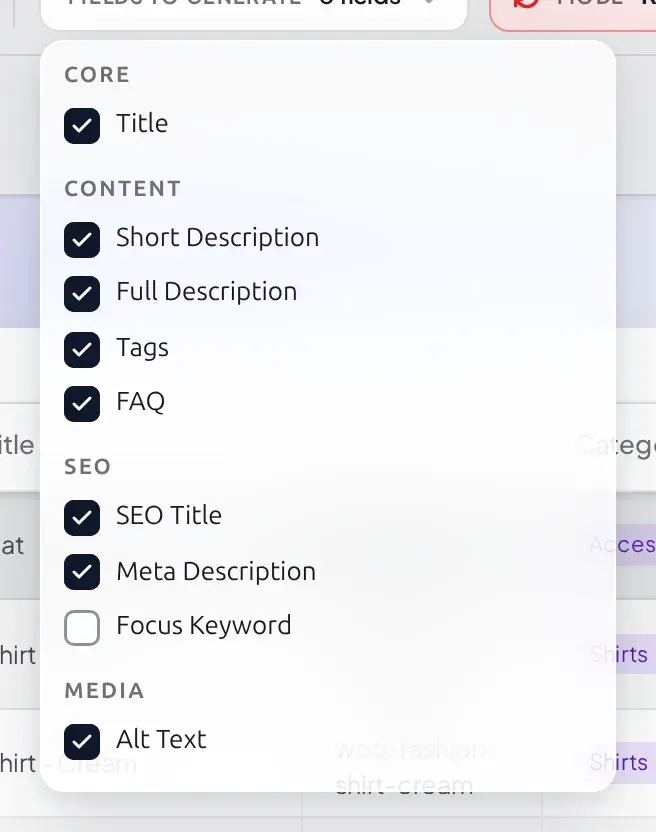 Fields to Generate popover with grouped checkboxes for Title, Short Description, Full Description, Tags, FAQ, SEO Title, Meta Description, Focus Keyword, and Alt Text