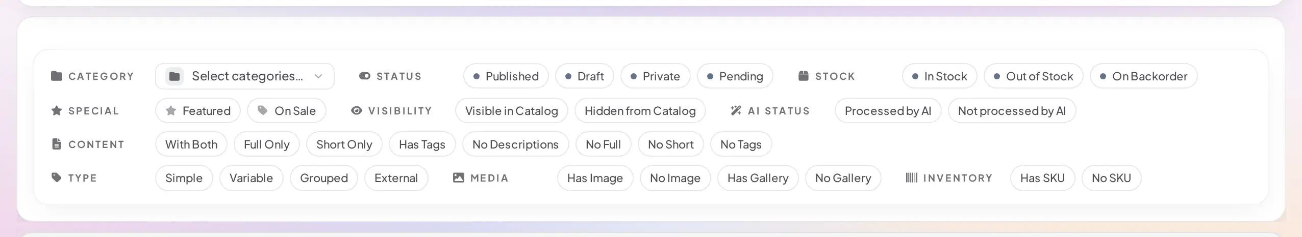 Filters panel with Category, Status, Stock, Special, Visibility, AI Status, Content, Type, Media, and Inventory chip groups