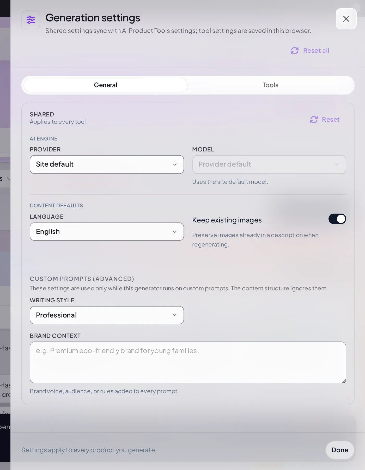 Generation settings General tab with AI engine provider and model, content defaults language and keep existing images, and custom prompt writing style and brand context fields
