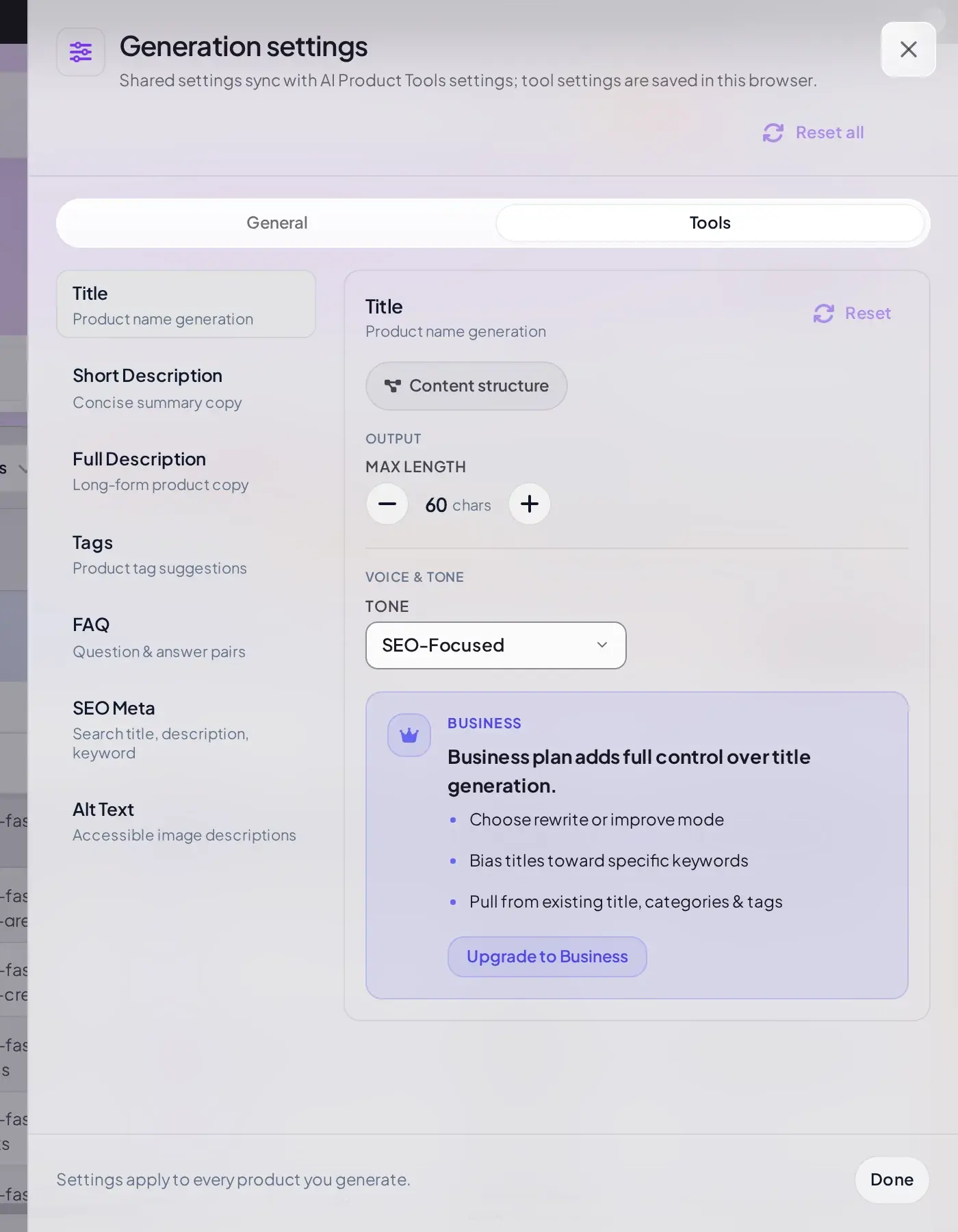 Title panel on Free with the same Content structure chip, Max length, and Tone fields, and a Business upgrade card reading Business plan adds full control over title generation, with an Upgrade to Business button