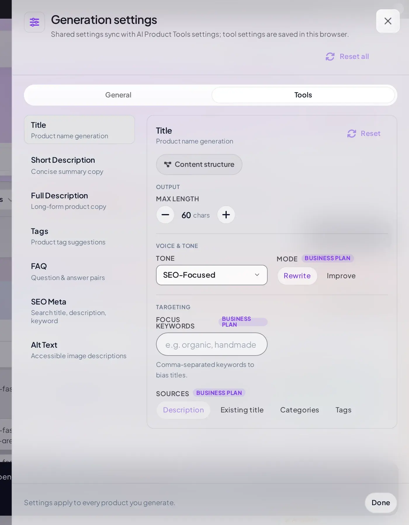 Tools tab, Title panel, with a Content structure chip, Max length, Tone, and Mode, Focus Keywords, and Sources fields tagged Business Plan