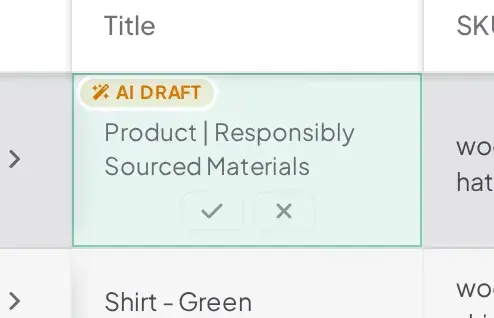 Grid cell showing an AI DRAFT badge, the proposed new title, and small accept and reject icon buttons