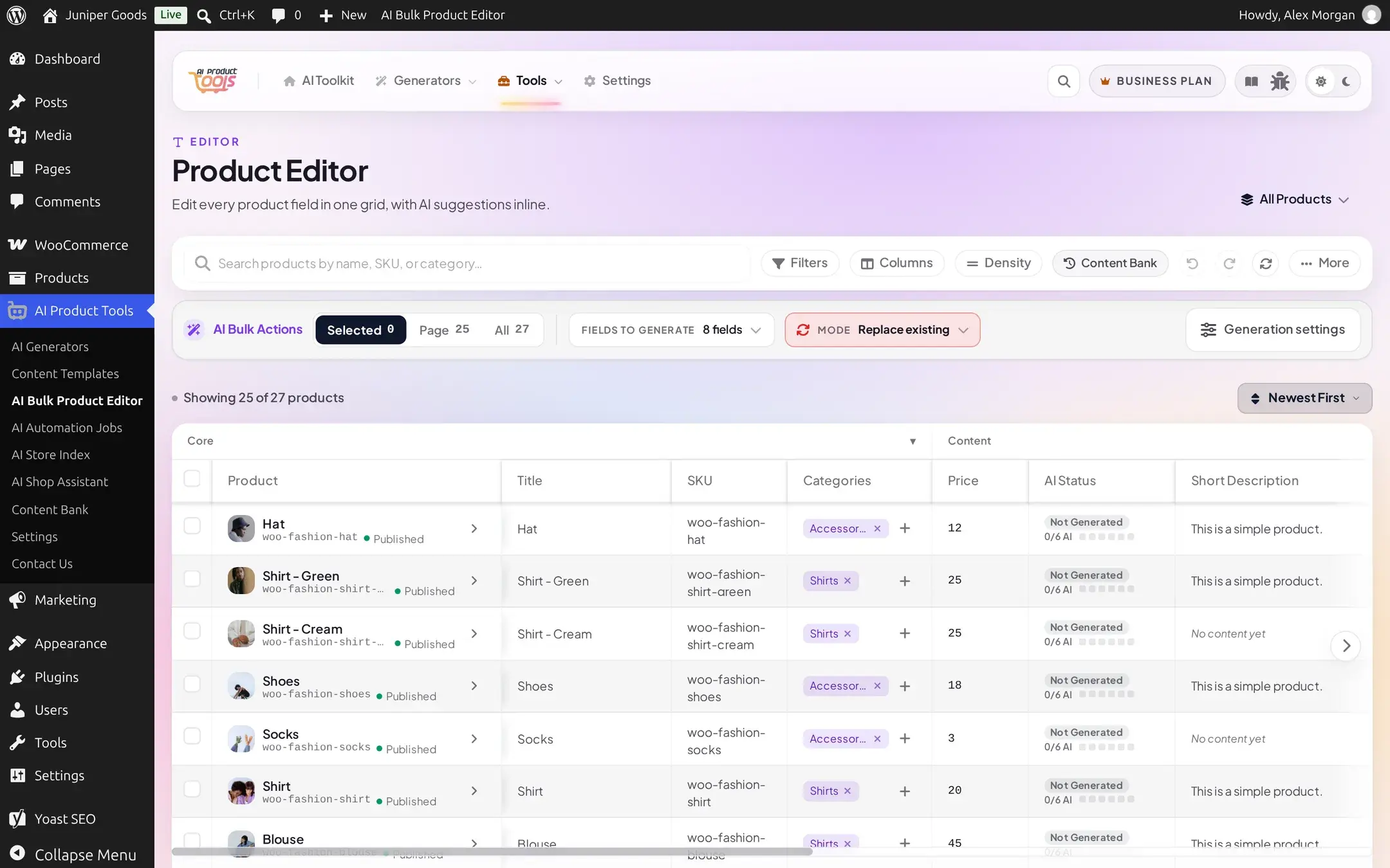AI Bulk Product Editor grid with the search bar, filters button, columns button, AI bulk actions band, and the product rows