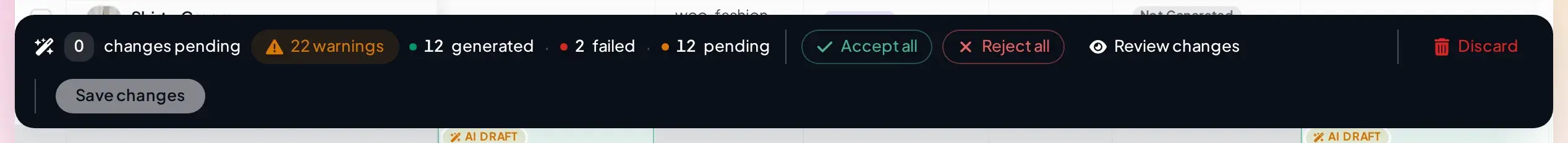 Pending changes bar showing 0 changes pending, 22 warnings, 14 generated, 0 failed, 16 pending, with Accept all, Reject all, Review changes, Discard, and Save changes