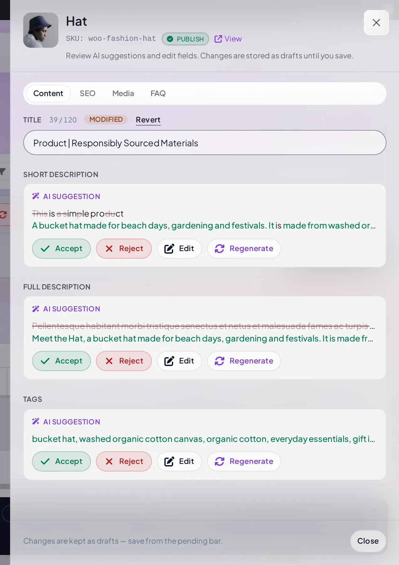 Row drawer Title field showing a MODIFIED chip and a Revert link after accepting its AI suggestion