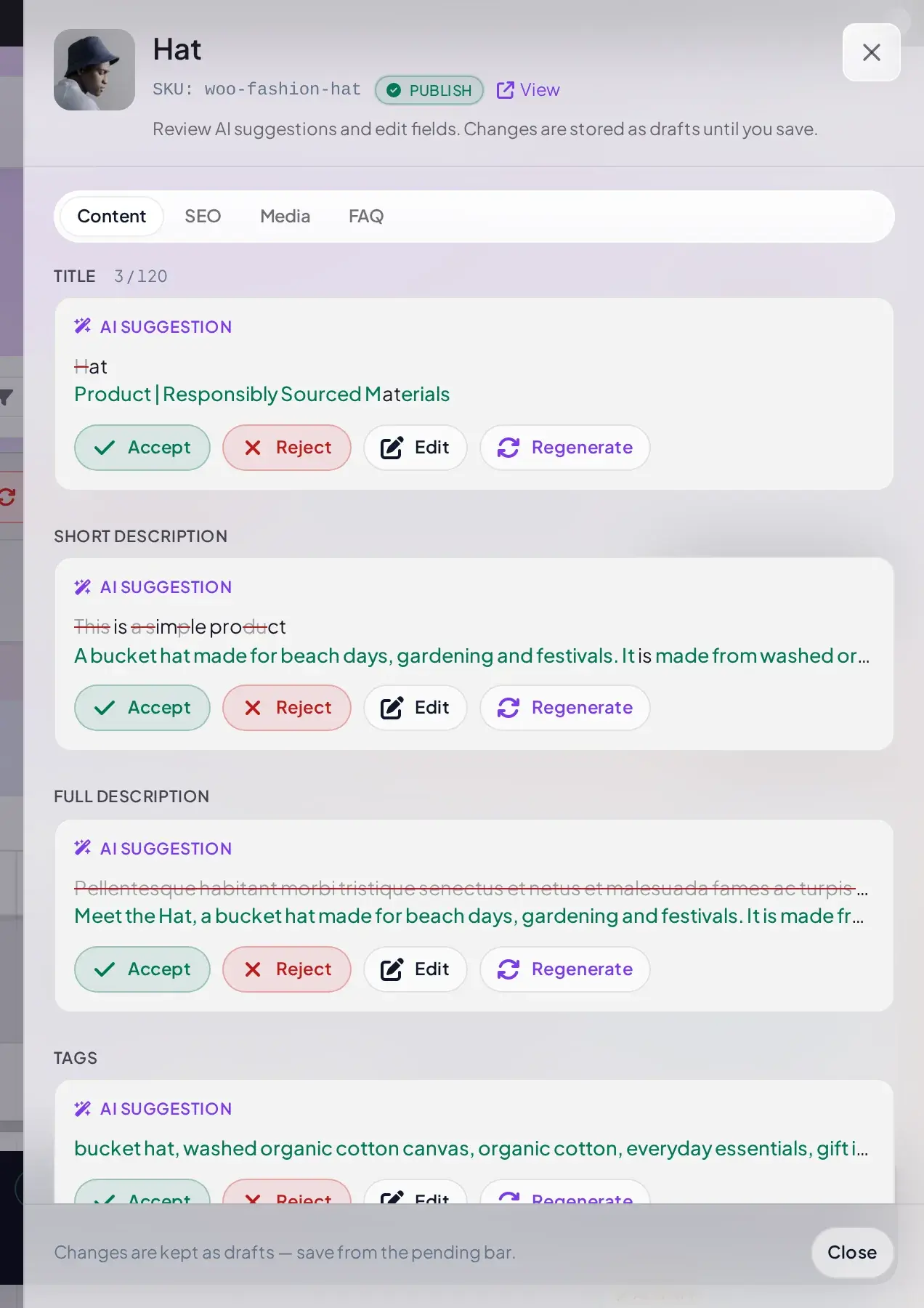 AI suggestions with word-level changes for one product in the AI Bulk Product Editor
