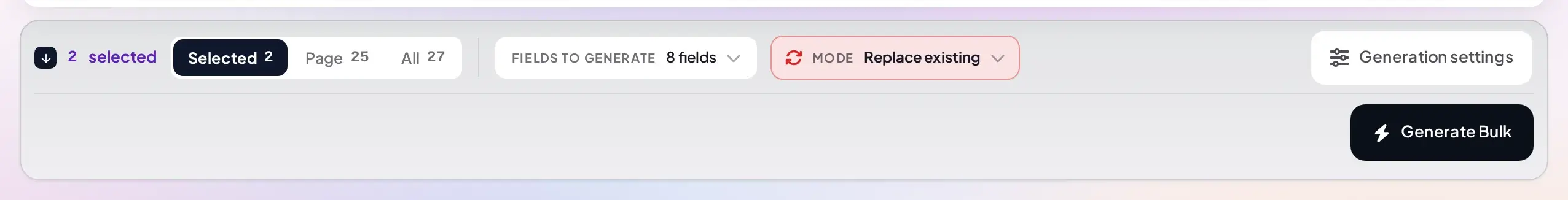 AI bulk actions band with 2 selected, scope buttons for Selected, Page, and All, and the Generate Bulk button