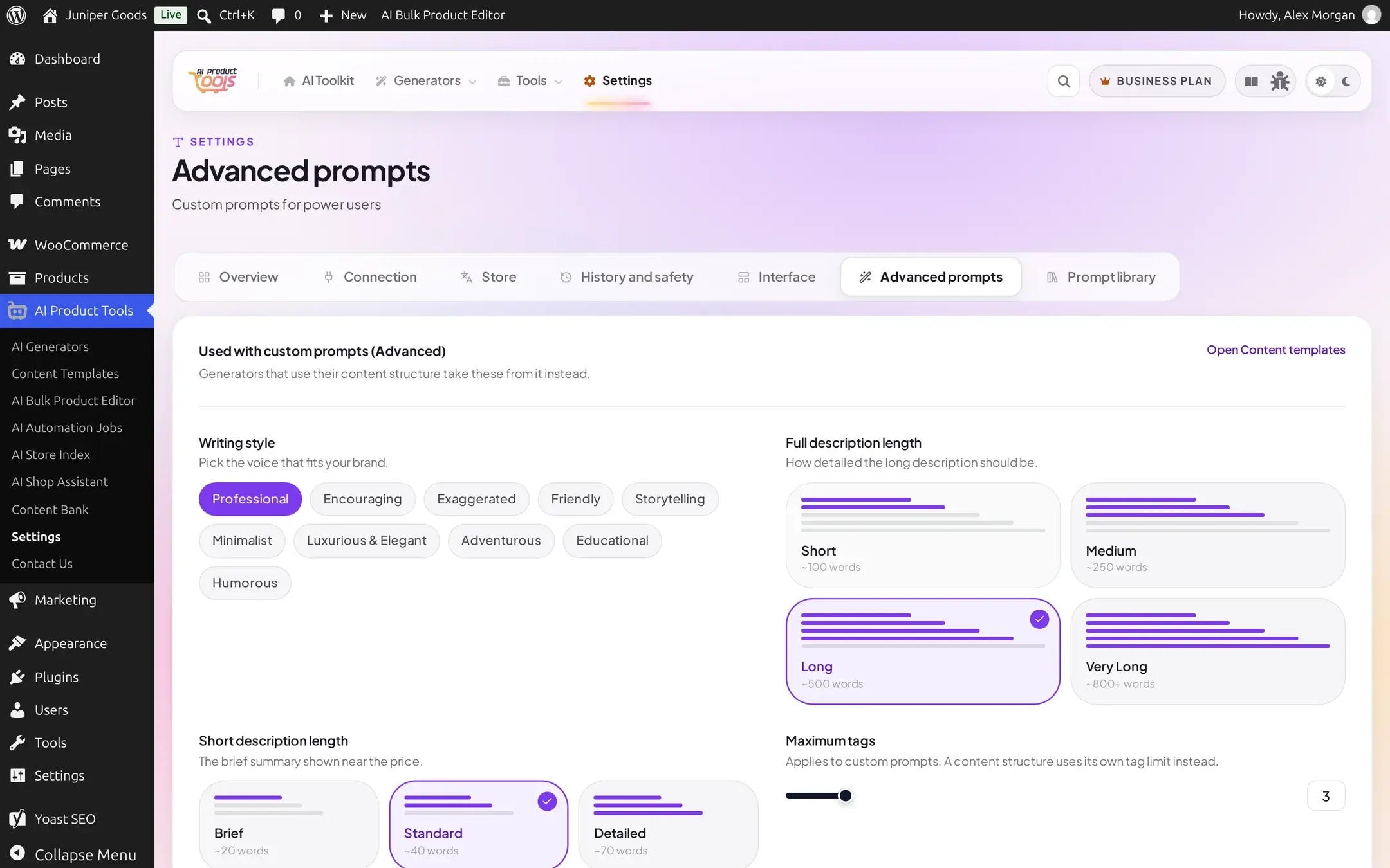 Advanced prompts page showing Writing style set to Professional, Full description length set to Long, Short description length set to Standard, and Maximum tags at 3