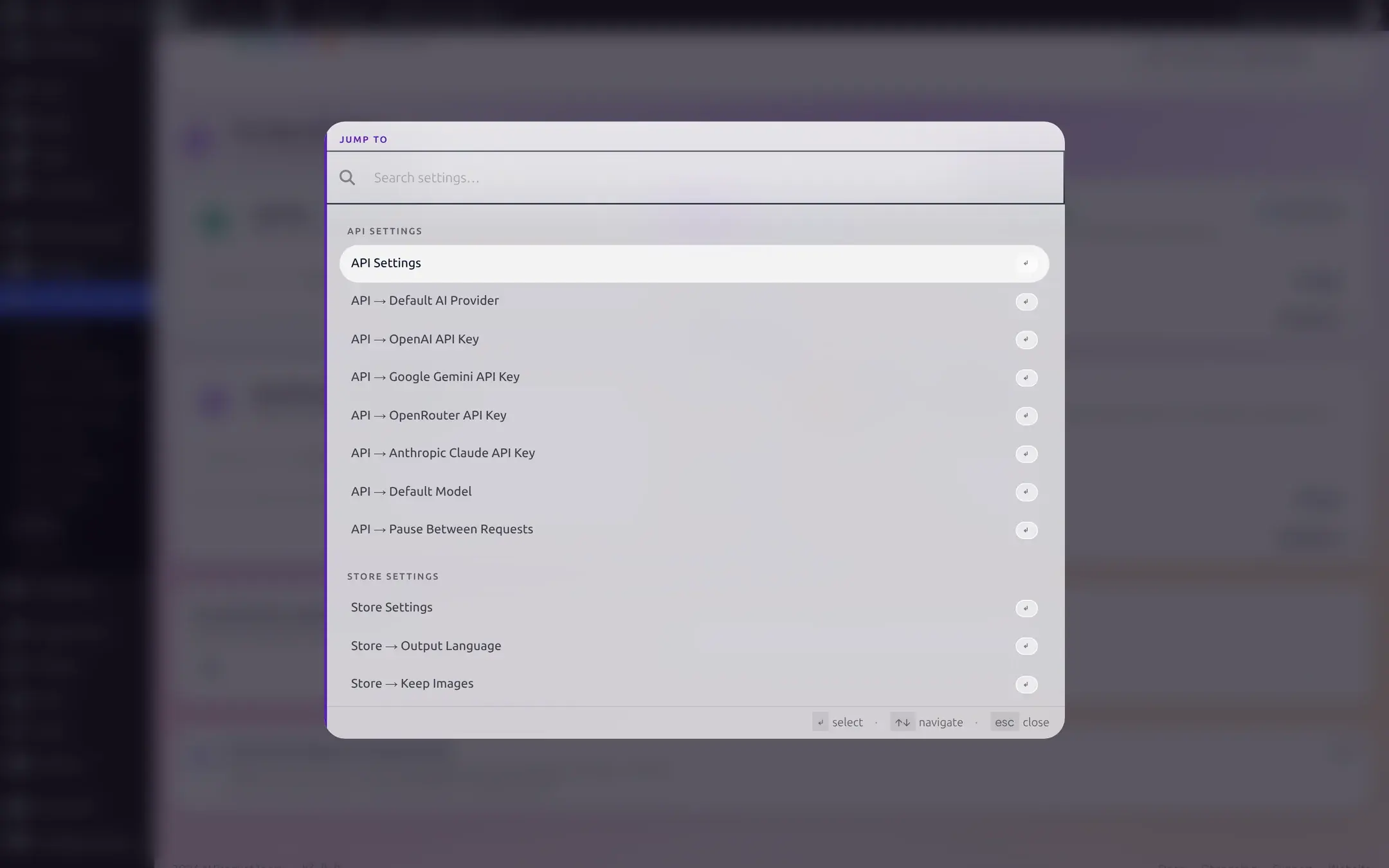 Command palette open over the Settings page, listing API Settings and Store Settings groups with items like Default AI Provider, OpenAI API Key, and Pause Between Requests