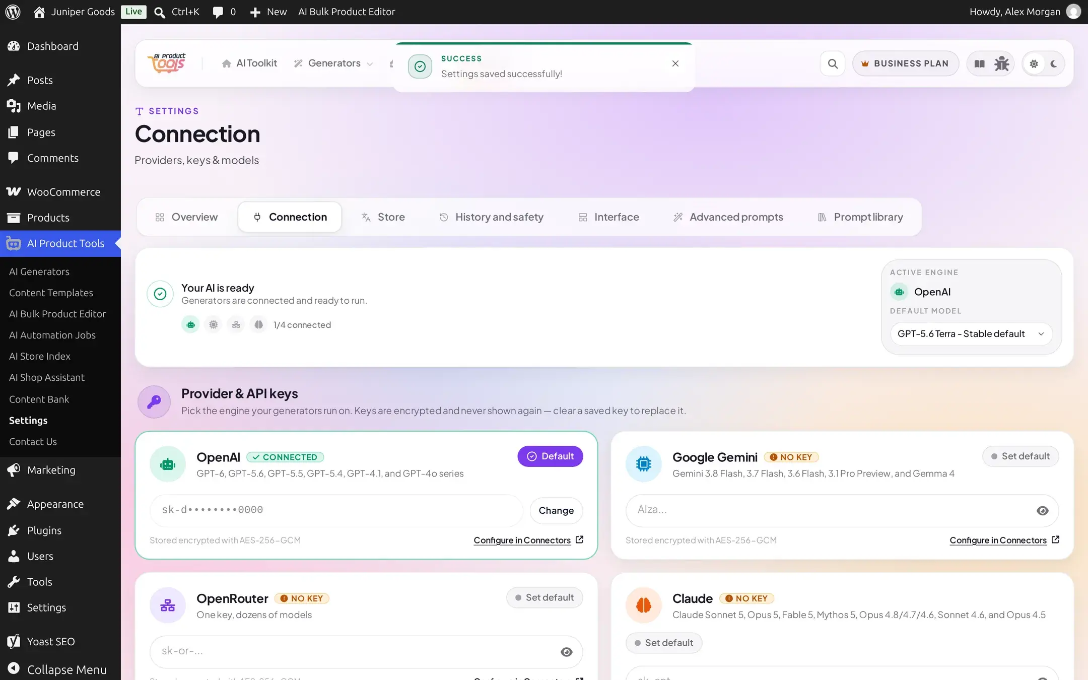 Connection screen with a Your AI is ready banner, OpenAI connected and set as default