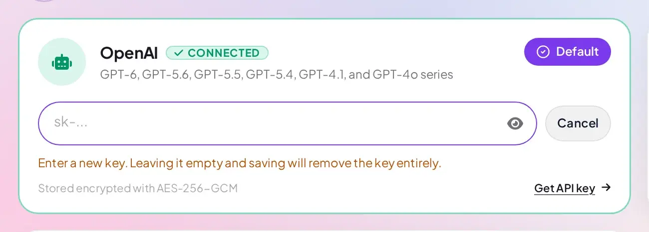 OpenAI key field cleared for editing, with a Cancel button and the helper text Enter a new key, leaving it empty and saving will remove the key entirely