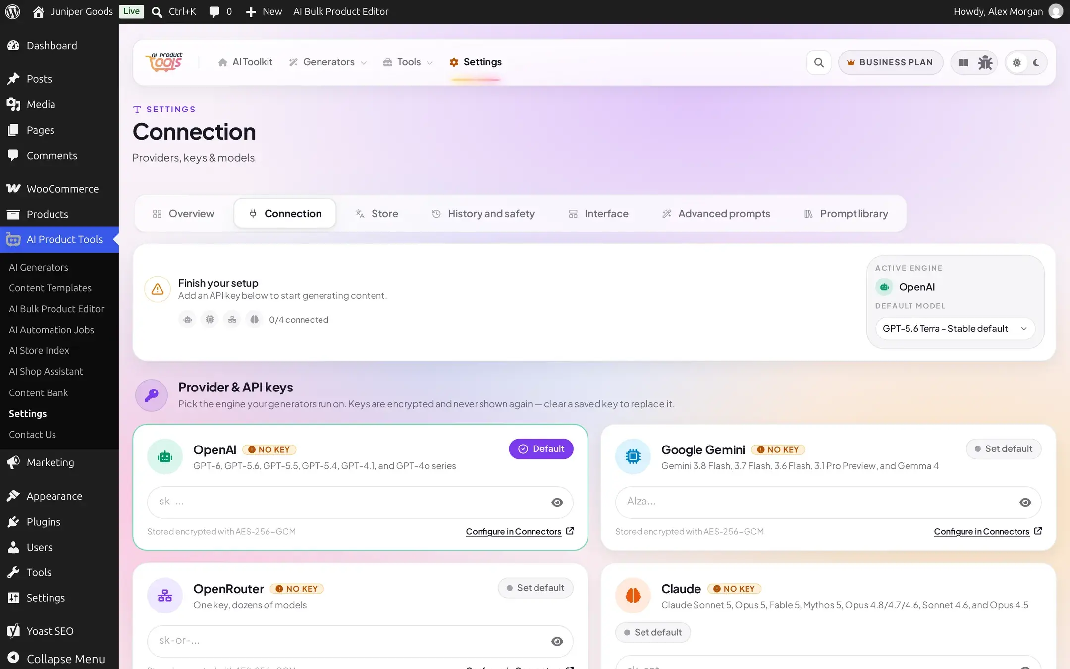 Four provider cards for OpenAI, Google Gemini, OpenRouter and Claude side by side, each showing its model family and an empty key field