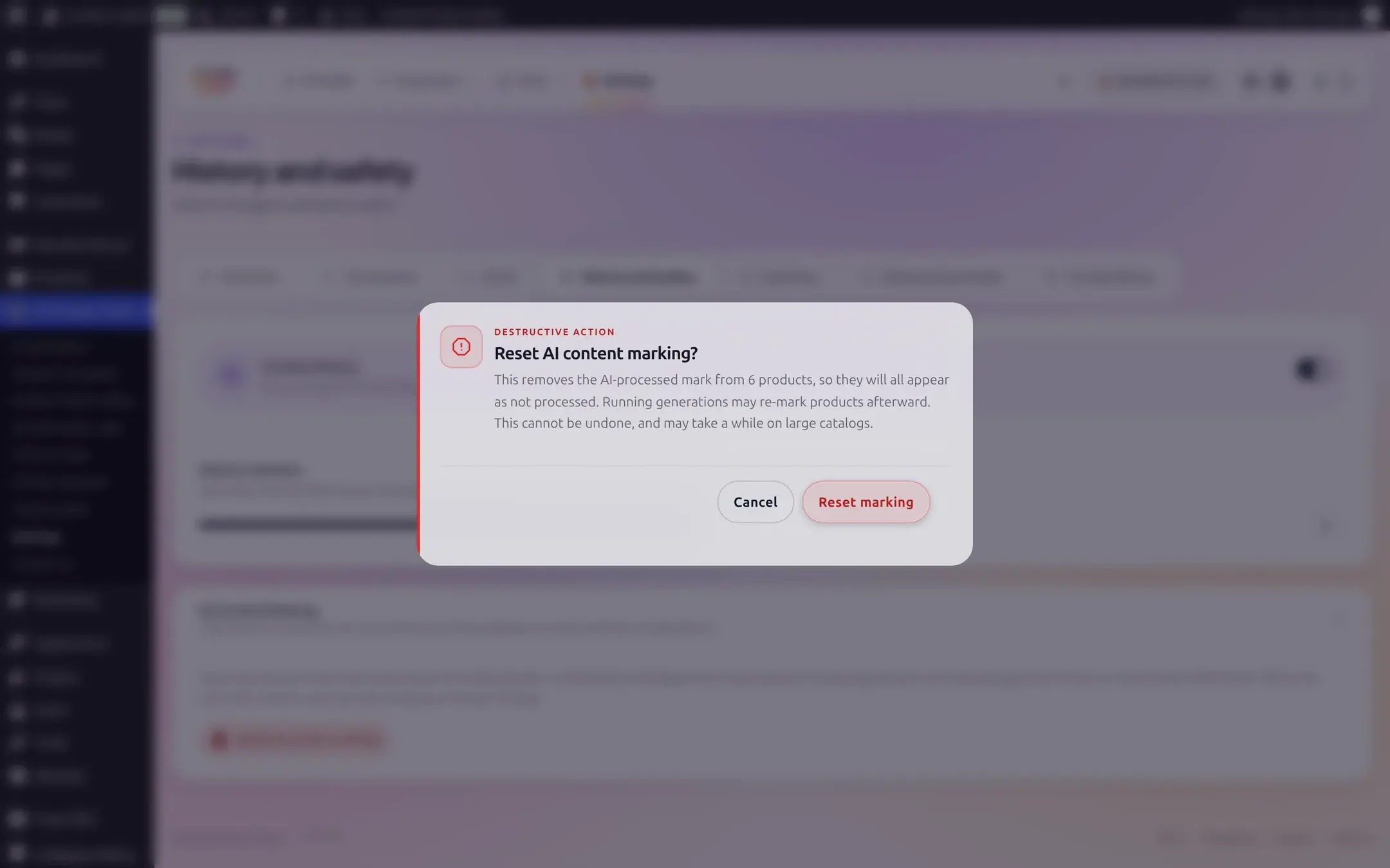 Reset AI content marking confirmation dialog stating this removes the AI-processed mark from 6 products, with Cancel and Reset marking buttons