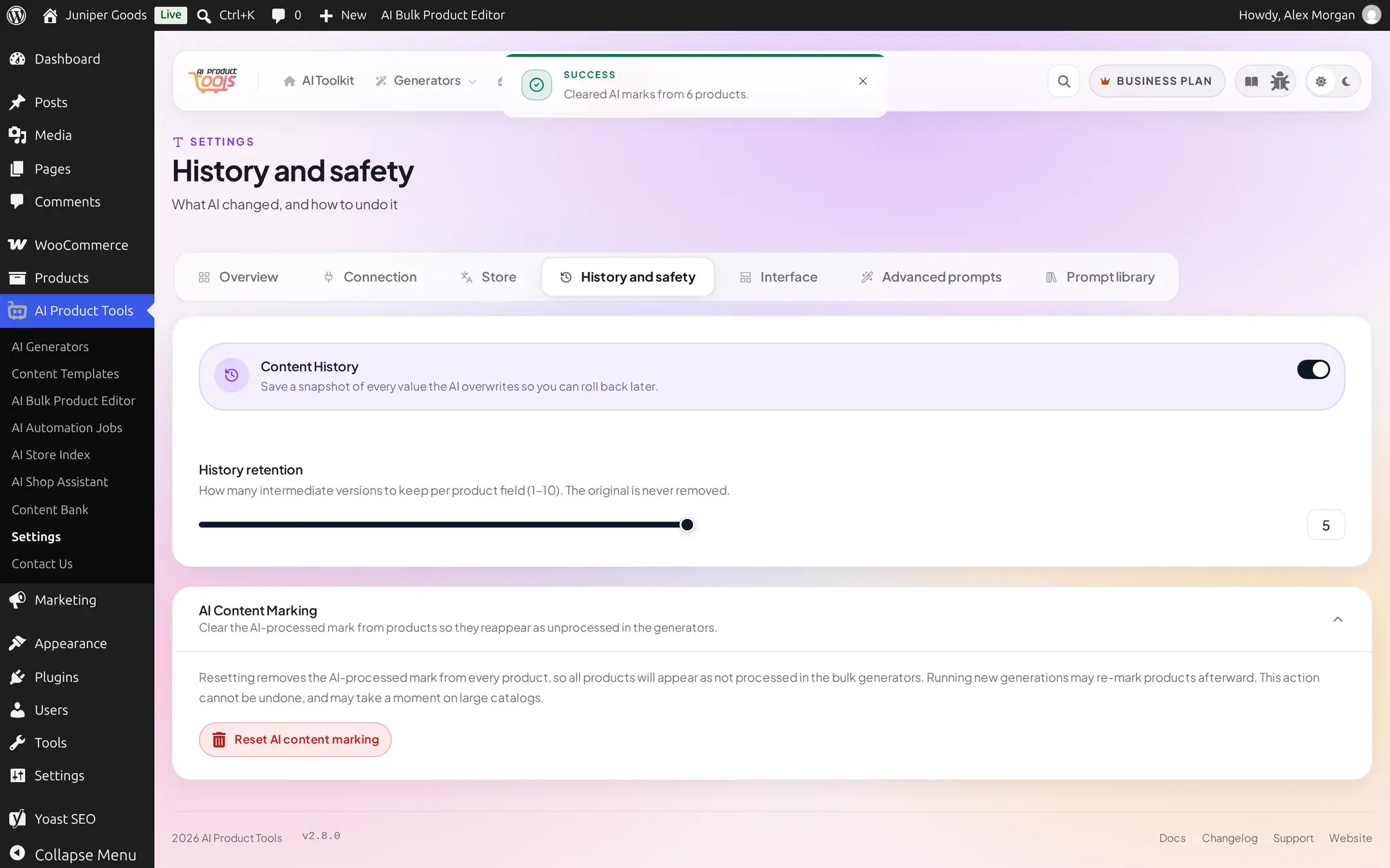 Success toast reading Cleared AI marks from 6 products