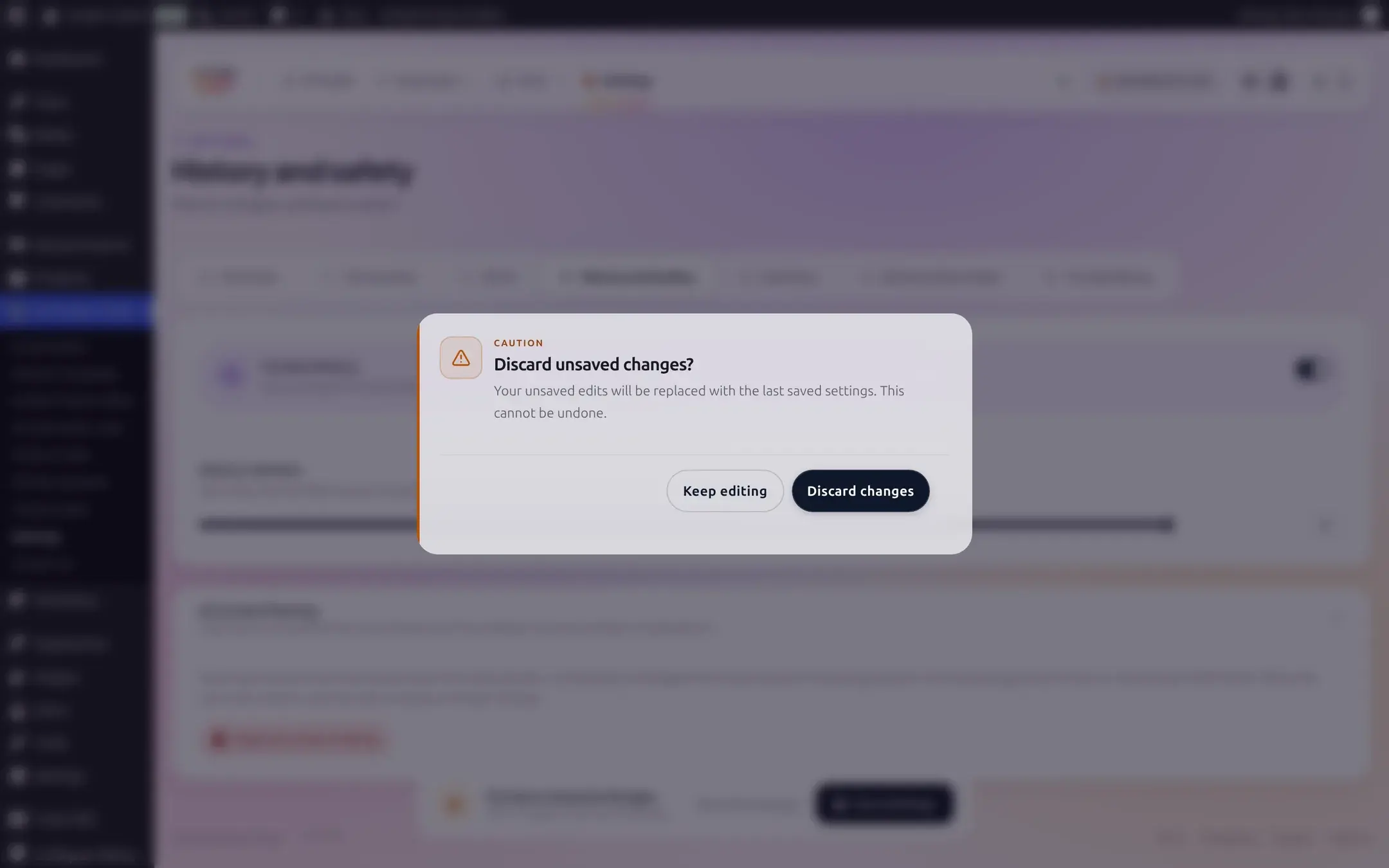Discard unsaved changes confirmation dialog with Keep editing and Discard changes buttons