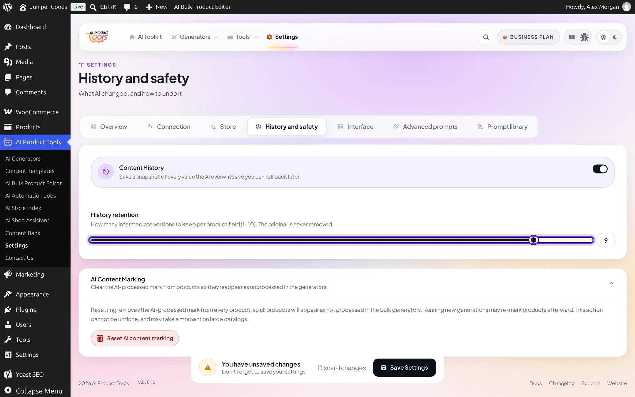 History retention slider moved higher than its default position, now reading 9