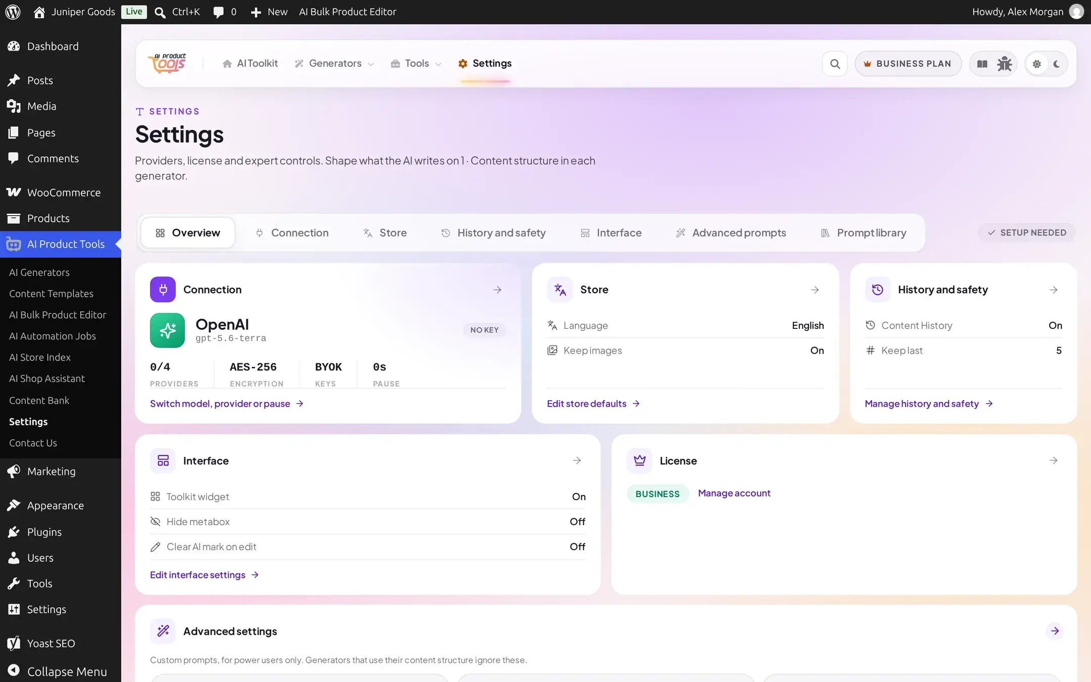 Settings overview grid before any AI provider is connected, showing a Setup needed badge and 0 of 4 providers connected