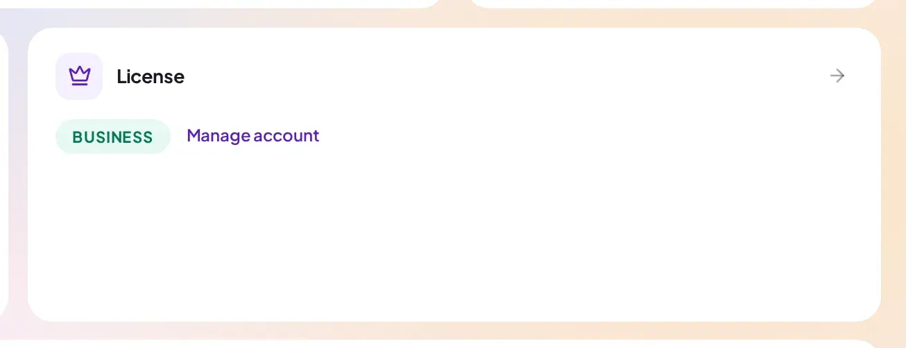 License card on the Business plan showing a Business badge and Manage account link, no upsell