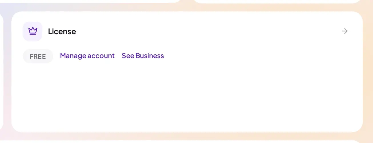 License card on the Free plan showing a Free badge, Manage account link, and See Business link