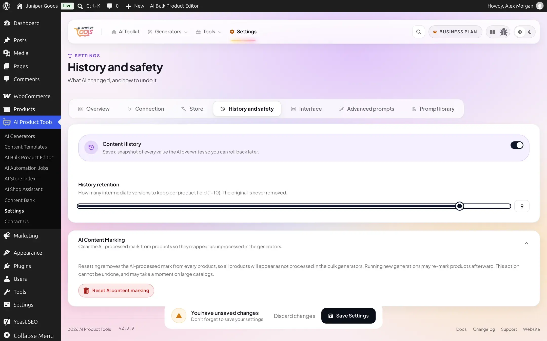 Unsaved changes bar at the bottom of the Settings page with Discard changes and Save Settings buttons