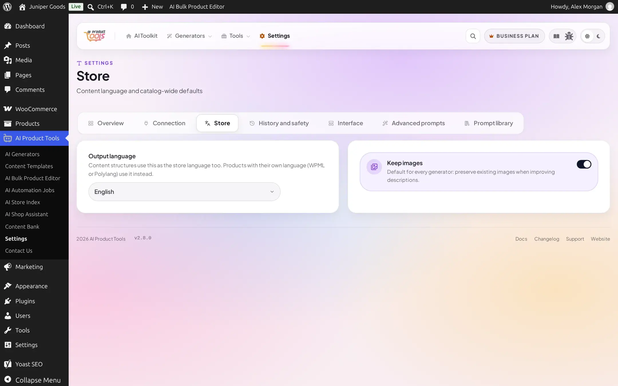 Store settings page showing Output language set to English and the Keep images toggle on