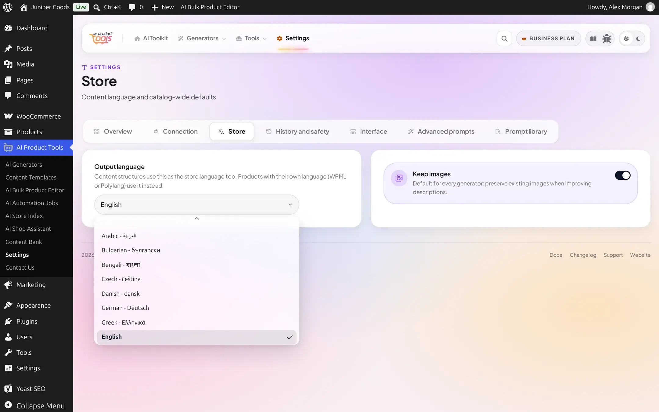 Output language dropdown open showing a list of languages including Arabic, Bulgarian, Bengali, Czech, Danish, German and Greek, with English checked