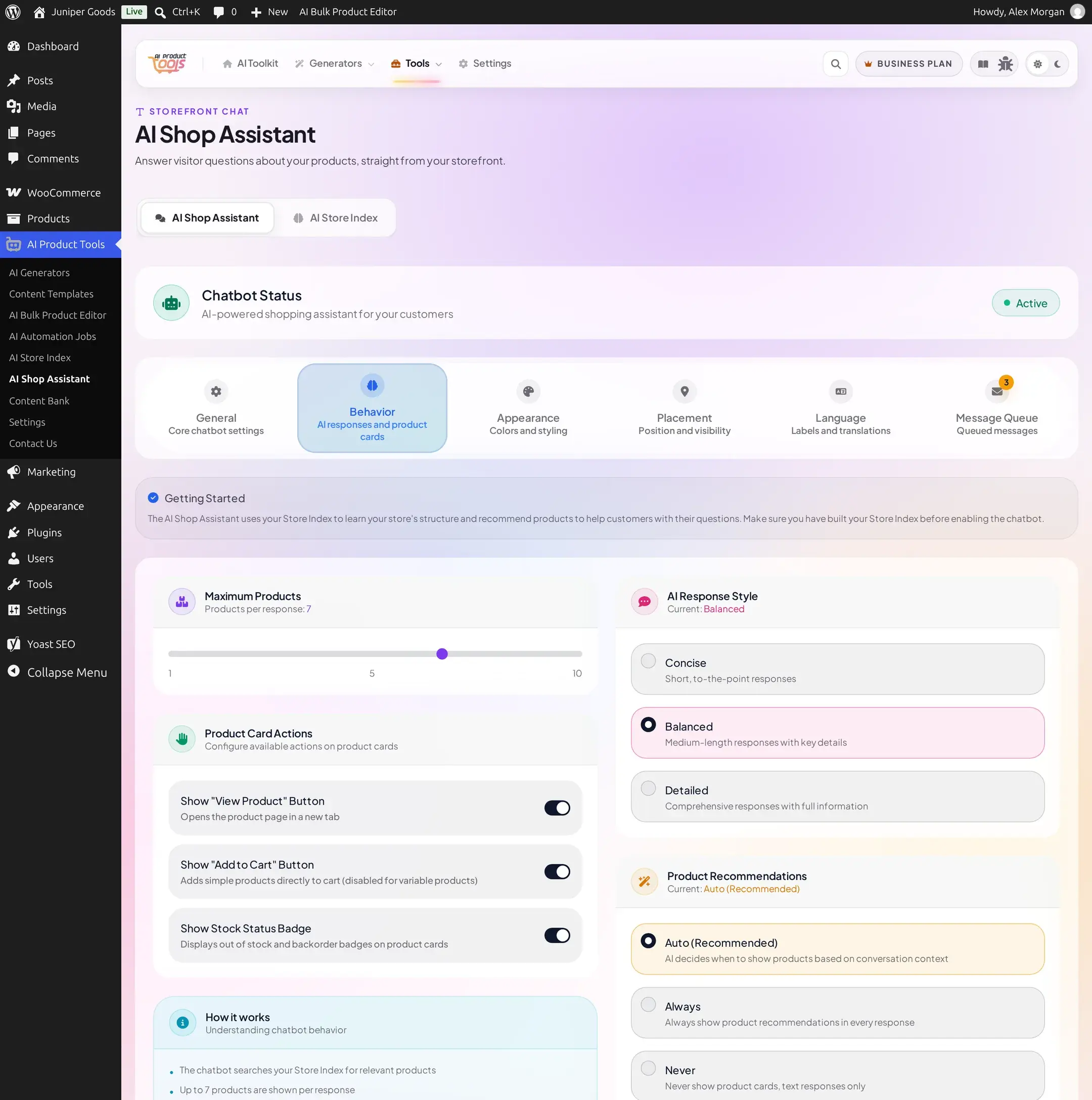Behavior tab on Business with a Maximum Products slider and the start of full AI Response Style control