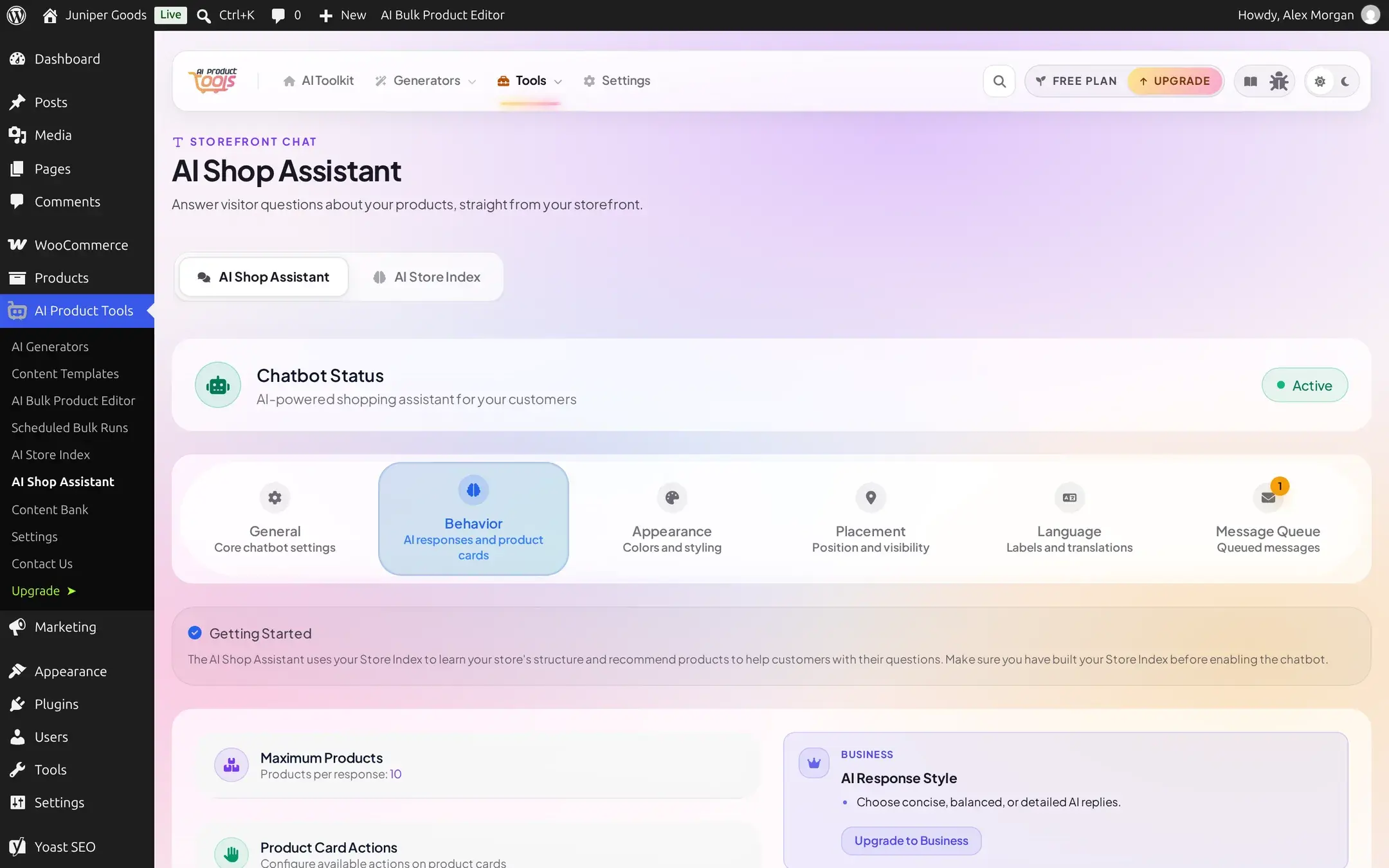 Behavior tab on Free with Maximum Products as plain text and Response Style and Recommendation mode replaced by teasers