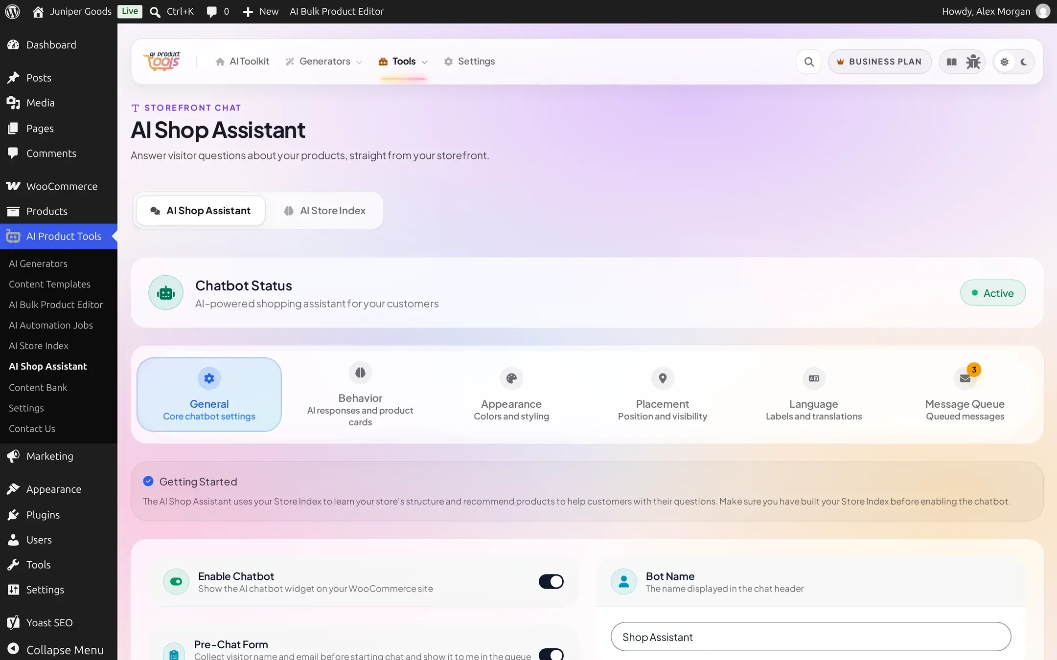 AI Shop Assistant page header with the Chatbot Status card and six tabs: General, Behavior, Appearance, Placement, Language, and Message Queue
