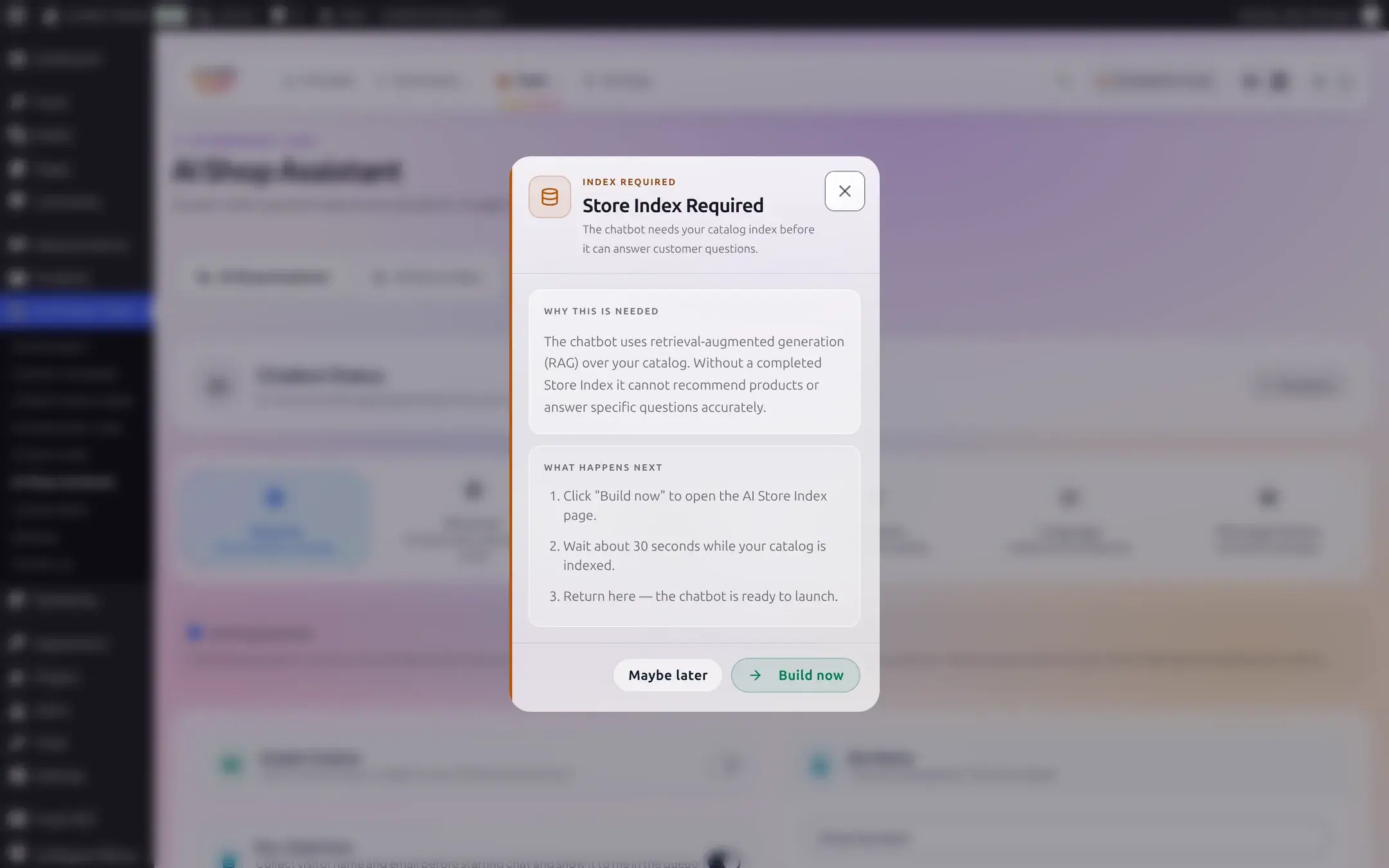 Store Index Required modal explaining why an index is needed and offering Build now or Maybe later